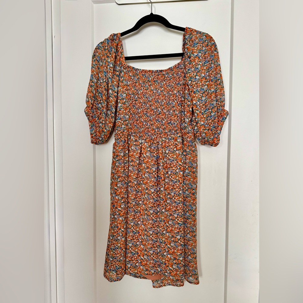 NWOT Code X mode Women's Floral Puff Sleeve Mini Dress. Lined. Pockets. Size L
